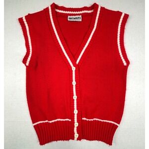 VTG 70s Red Sweater Vest Small Button Knit Sleeveless Button Up Academia MOD EUC